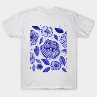 Watercolor and ink flowers - blue T-Shirt